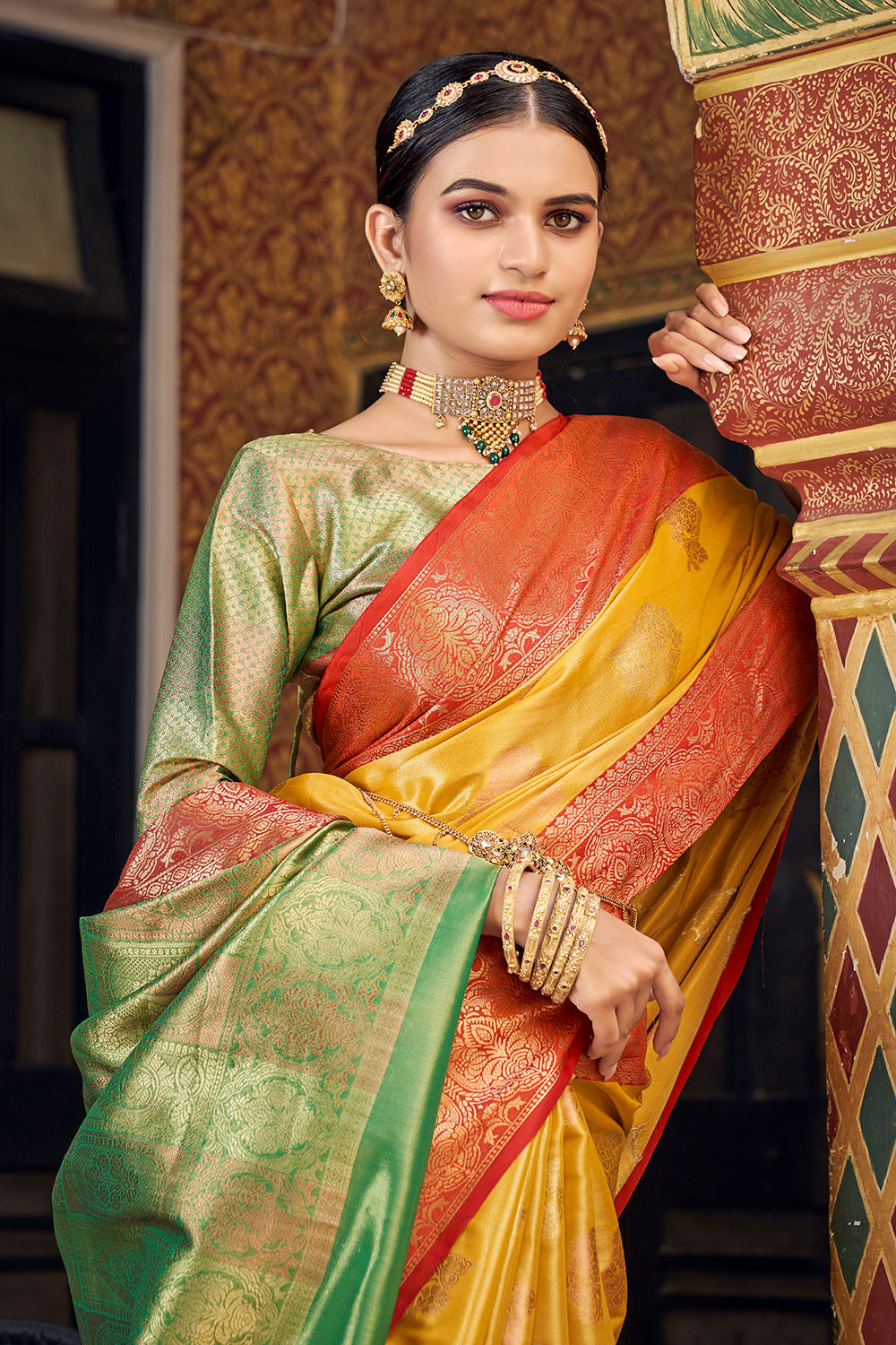 Yellow And Red Fancy Banarasi Silk Saree – Bahuji - Premium Silk Sarees ...