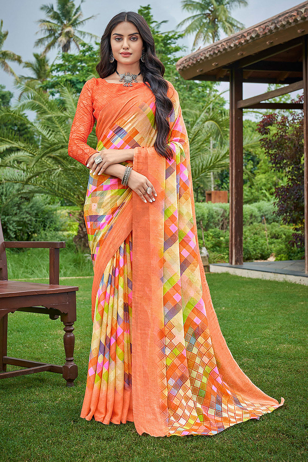Orange Chiffon Saree With Printed Work