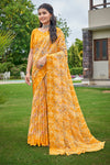 Mustard Yellow Chiffon Saree With Printed Work
