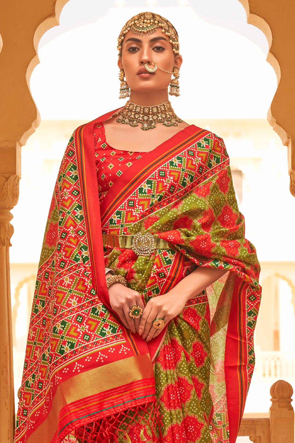 Mahendi Green &amp; Red Digital Patola Silk With Gold Lagdi Patta