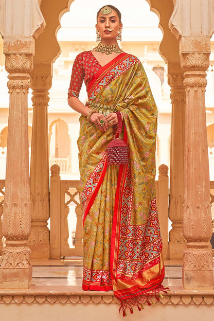 Lime Green Digital Patola Silk With Gold Lagdi Patta