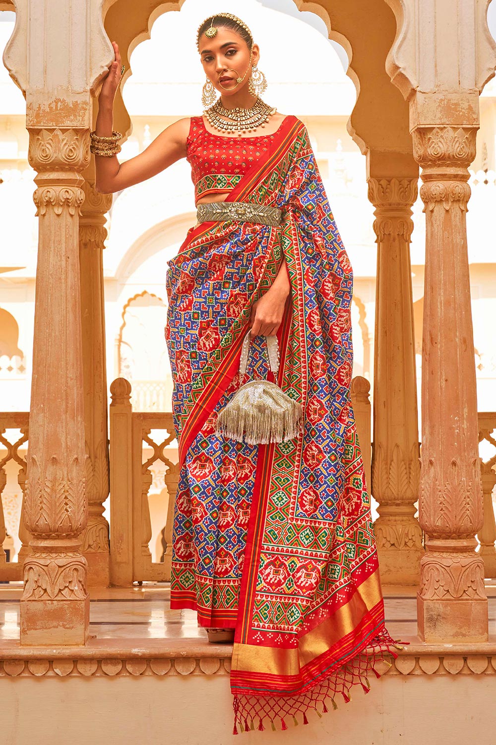 Blue &amp; Red Digital Patola Silk With Gold Lagdi Patta