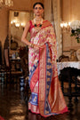 Red And Cream Smooth Patola Silk Saree With Dimond Work