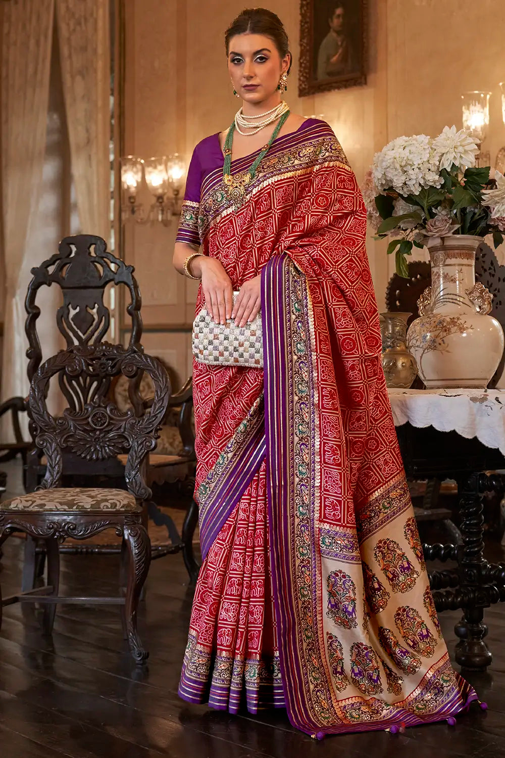 Purple &amp; Red Smooth Patola Silk Saree With Dimond Work