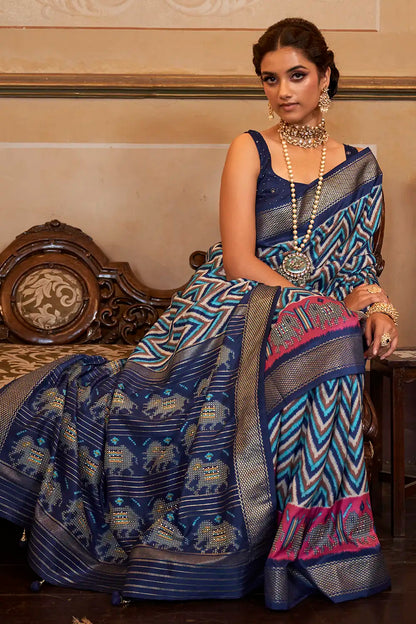 Blue Smooth Patola Silk Saree With Dimond Work