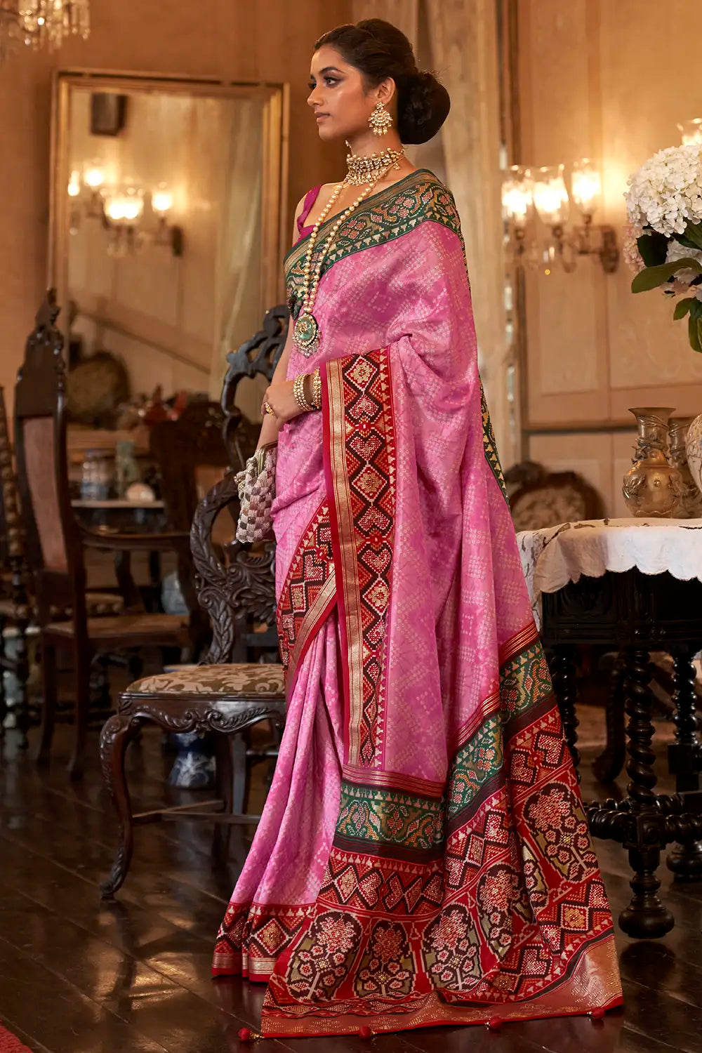 Pink Patola Silk Saree With Dimond Work