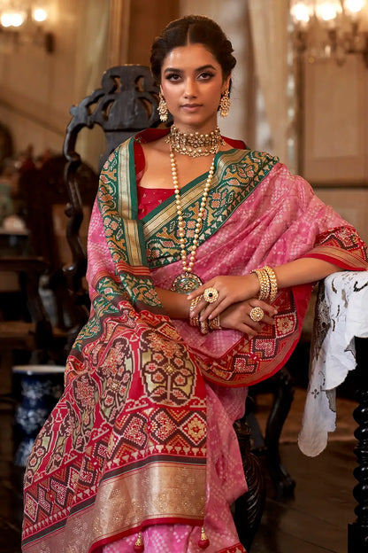 Pink Patola Silk Saree With Dimond Work