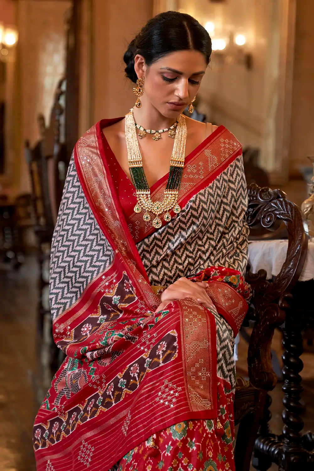 Black &amp; Red Patola Silk Saree With Dimond Work
