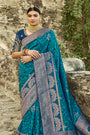 Turquoise Blue Jacquard Woven Design Saree With Embroidered Blouse