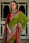 Olive Green Smooth Patola Silk Saree With Khatli & Aare Work