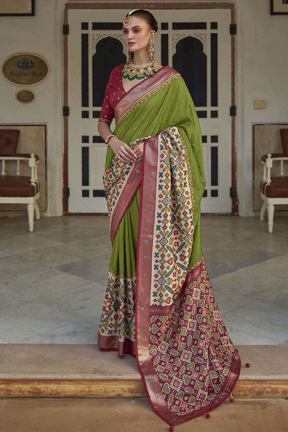 Olive Green Smooth Patola Silk Saree With Khatli &amp; Aare Work