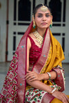 Mustard Yellow Smooth Patola Silk Saree With Khatli & Aare Work