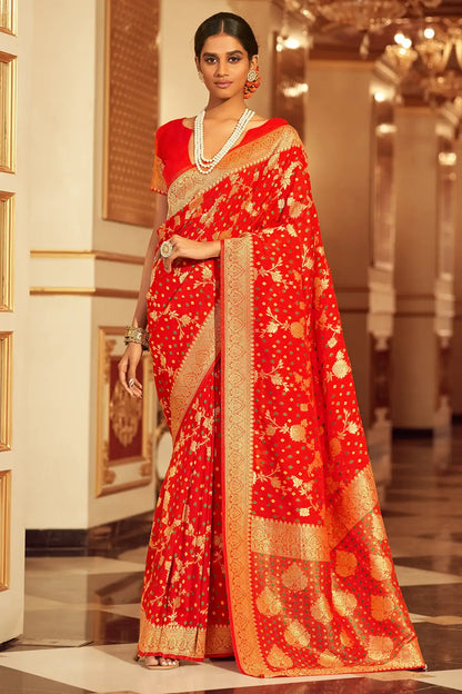 Red Colour Chiffon Bandhani Saree With Zari Weaving Work