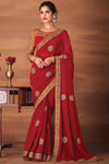 Red Georgette Silk Saree With Embroidery Work
