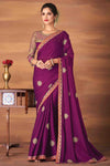 Purple Georgette Silk Saree With Embroidery Work