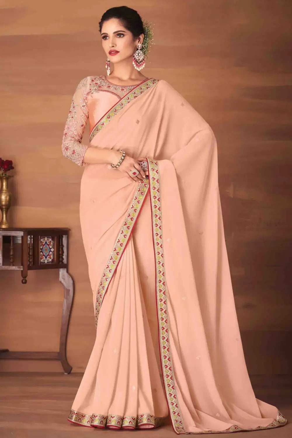 Light Peach Georgette Silk Saree With Embroidery Work