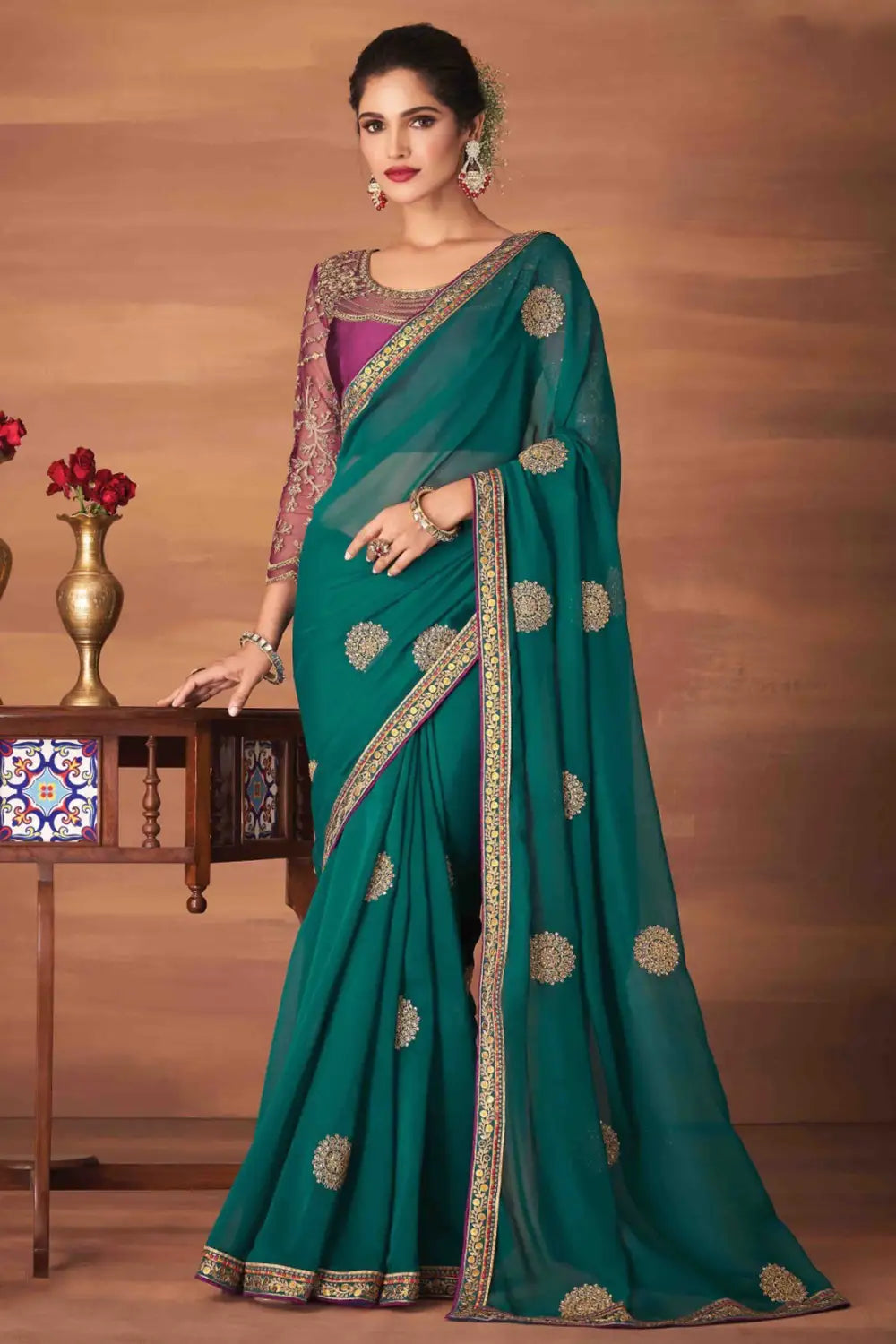 Teal Green Georgette Silk Saree With Embroidery Work