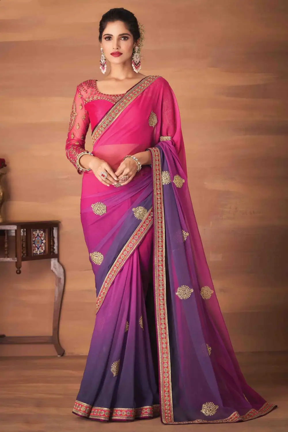 Pink &amp; Purple Georgette Silk Saree With Embroidery Work