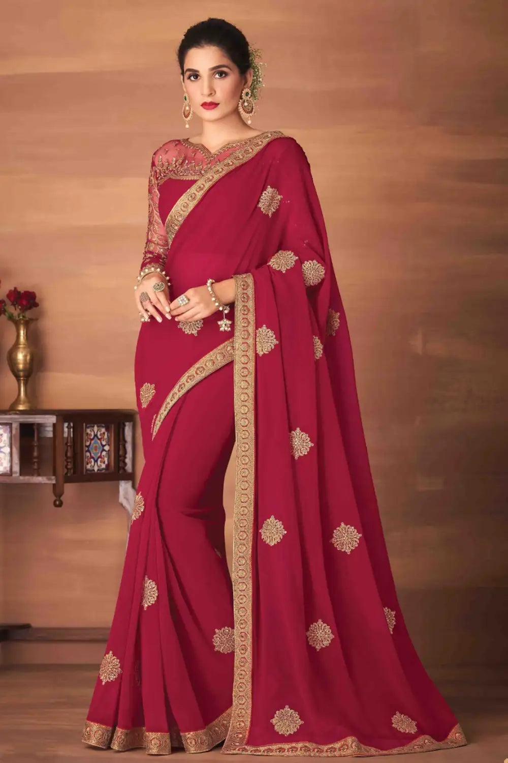 Maroon Georgette Silk Saree With Embroidery Work