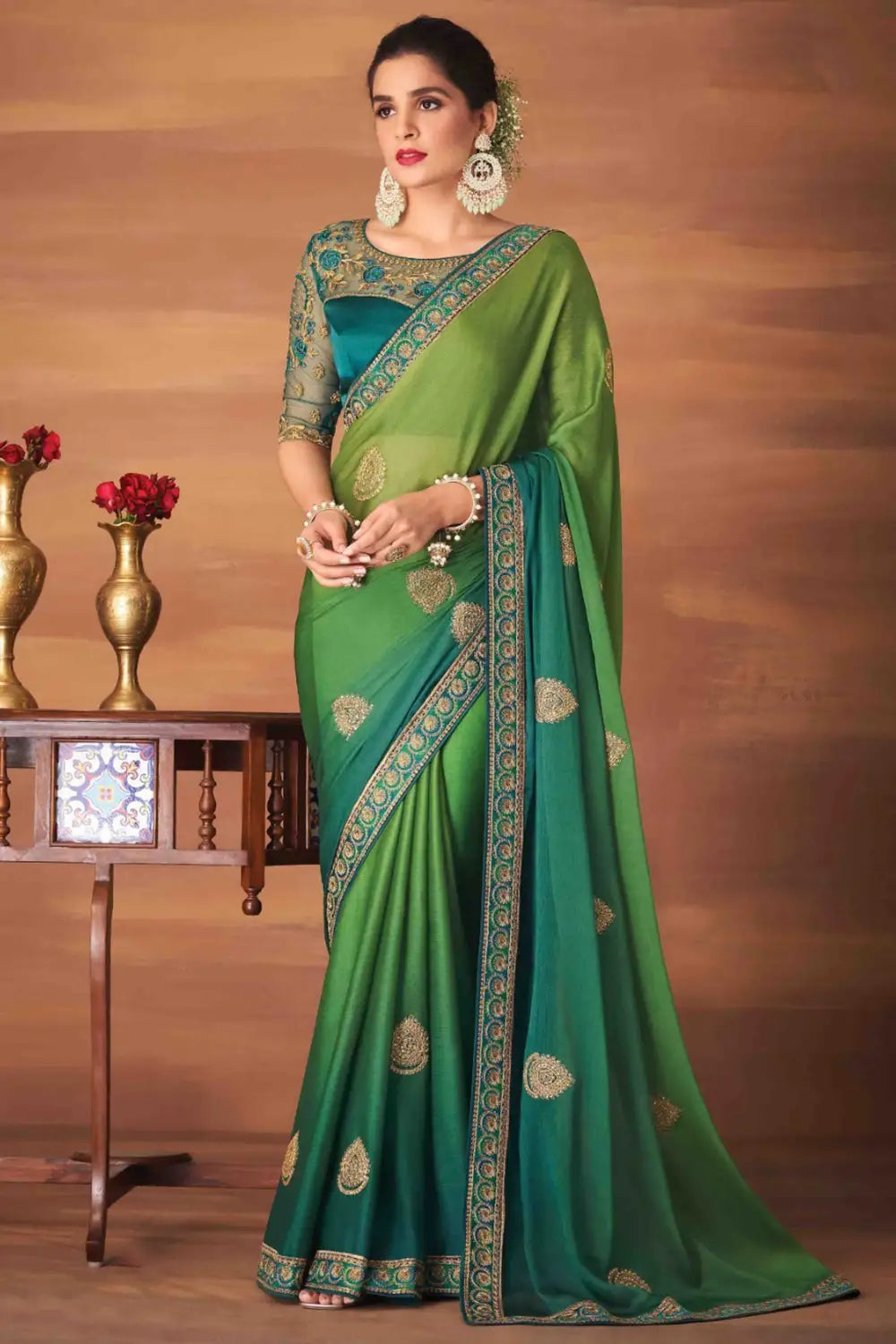 Green &amp; Blue Georgette Silk Saree With Embroidery Work