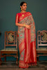 Sea Green And Red Tusser Silk Saree With Designer Blouse