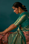 Fascinating Peach Tusser Silk Saree With Designer Blouse