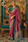 Pink & Green Smooth Patola Silk Saree With Zari Weaving