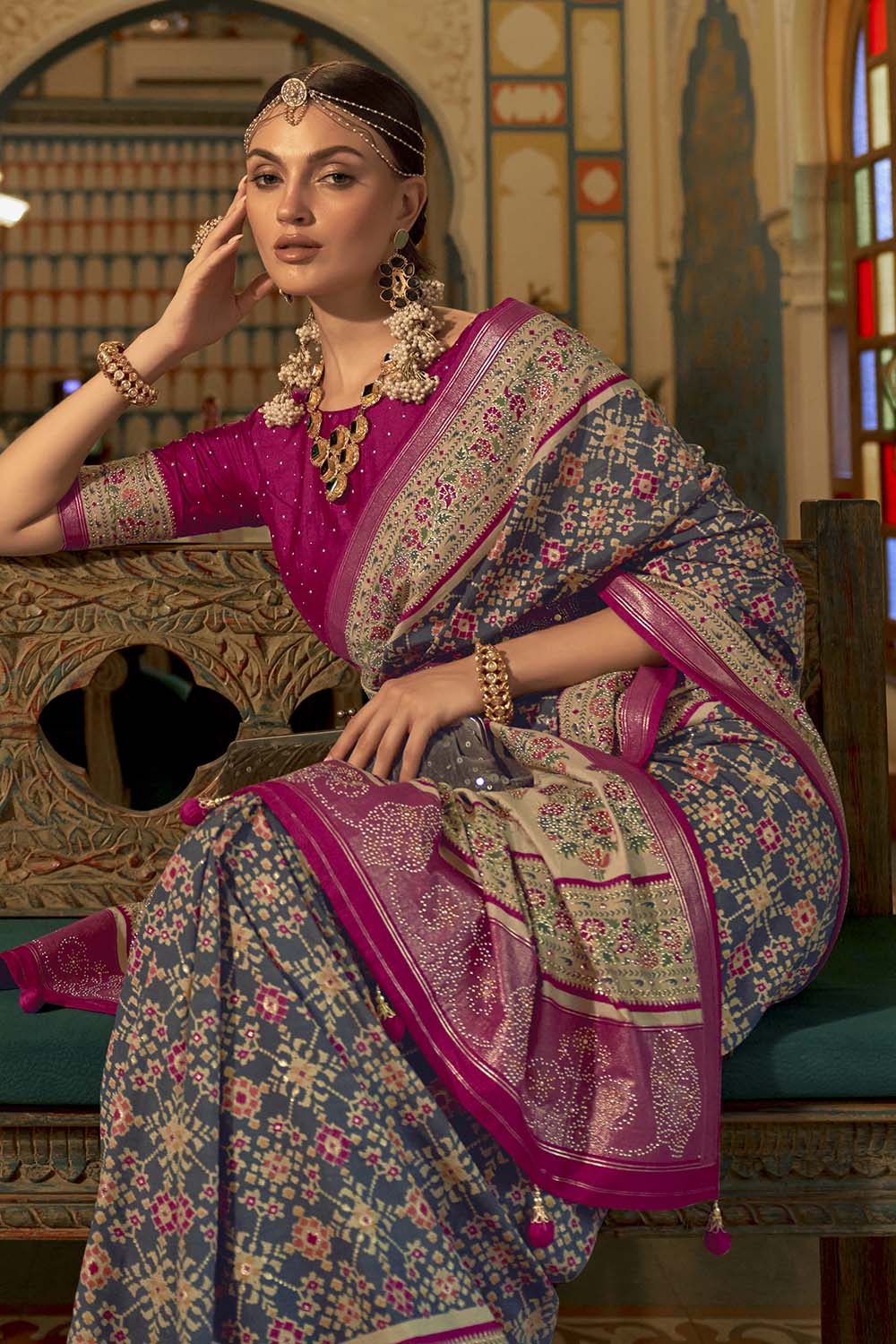 Pink &amp; Blue Smooth Patola Silk Saree With Zari Weaving