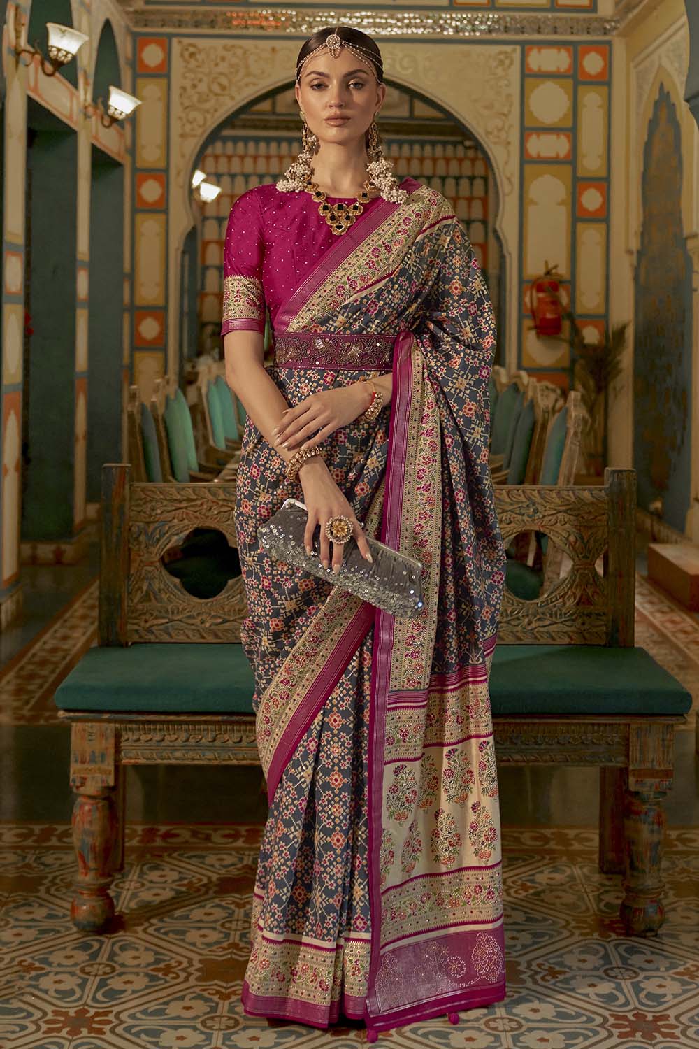 Pink &amp; Blue Smooth Patola Silk Saree With Zari Weaving