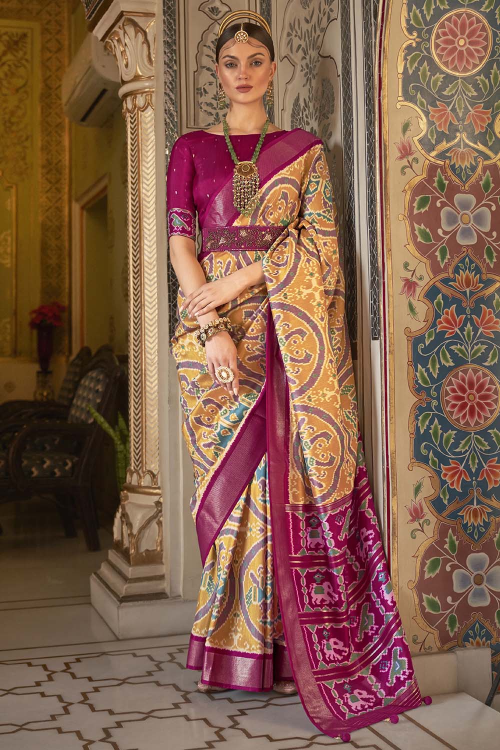 Yellow &amp; Dark Pink Patola Saree With  Weaving Work