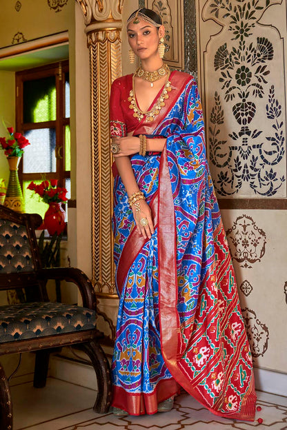 Blue &amp; Red Pink Patola Saree With  Weaving Work