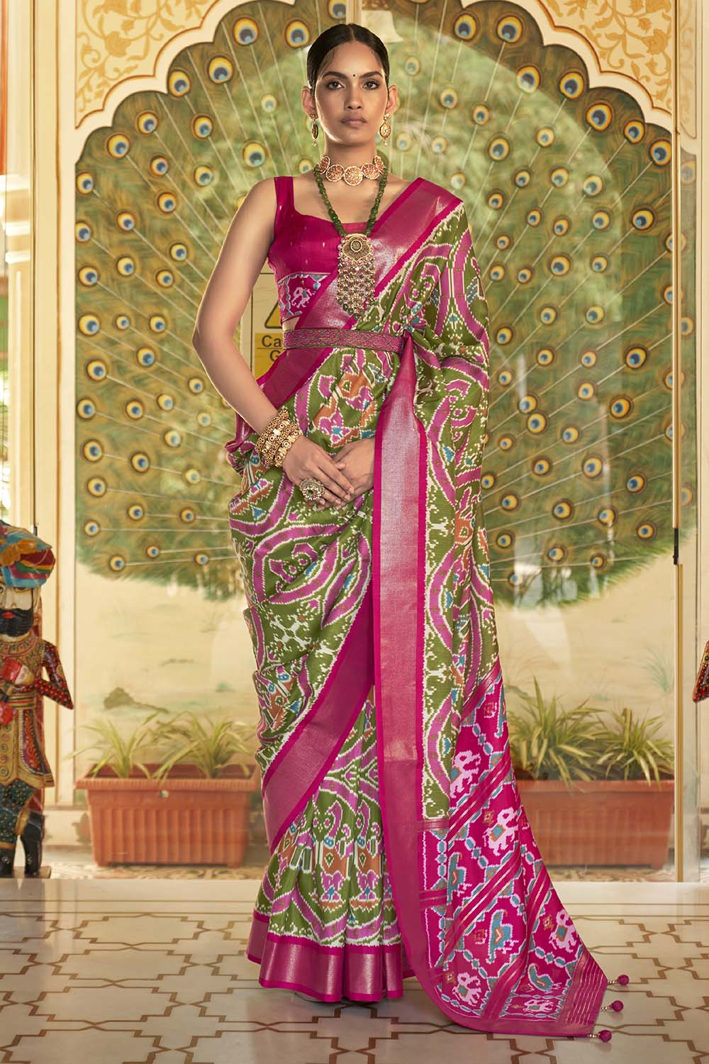 Green &amp; Pink Patola Saree With  Weaving Work