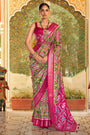 Green & Pink Patola Saree With  Weaving Work
