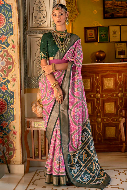 Pink &amp; Dark Green Patola Saree With  Weaving Work