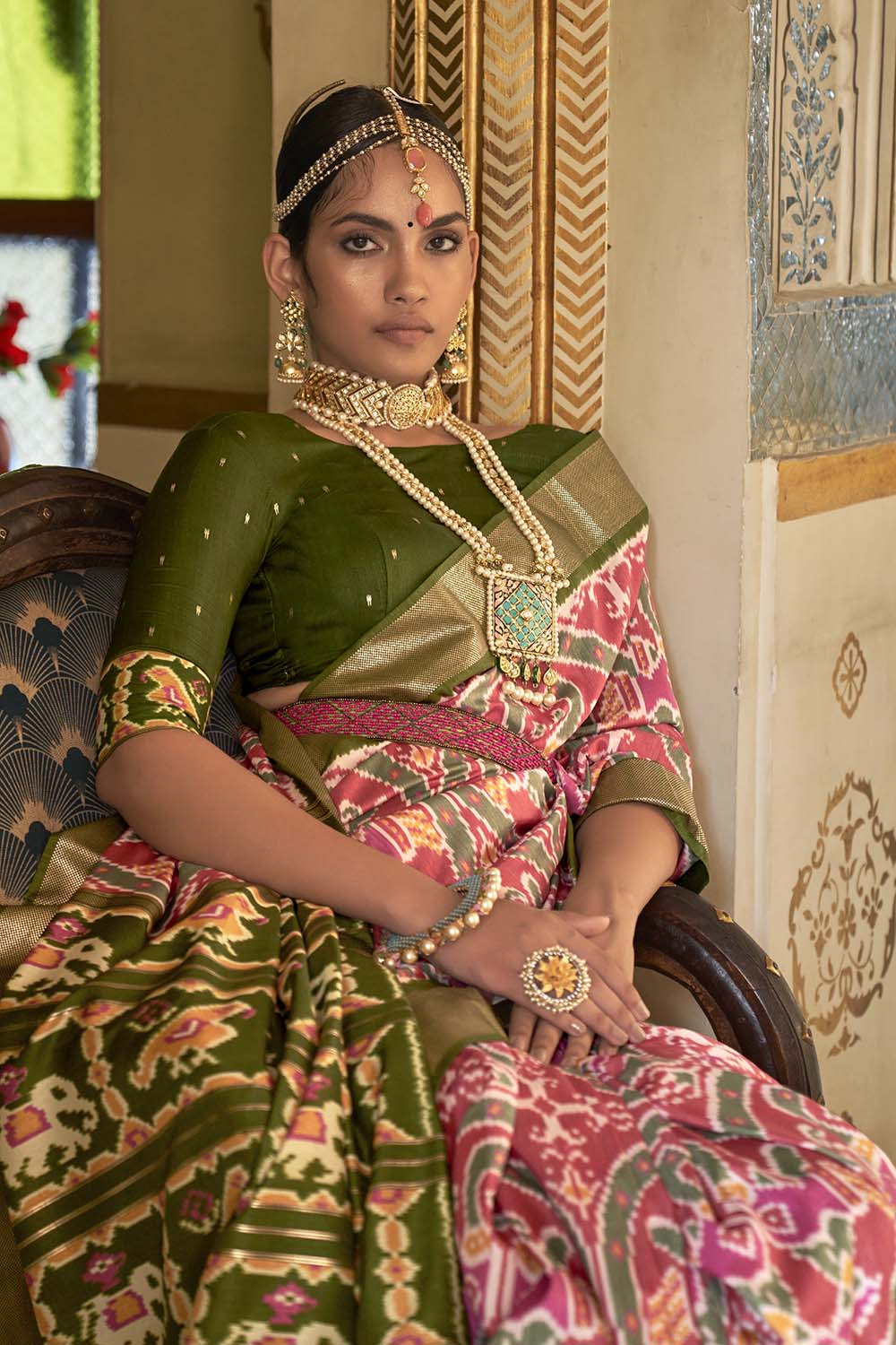 Peach &amp; Olive Green Patola Saree With Weaving Work