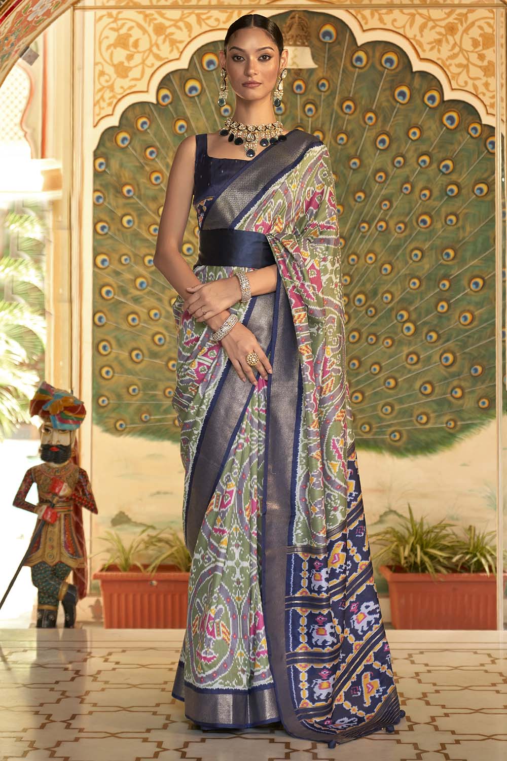 Green &amp; Blue Patola Saree With  Weaving Work