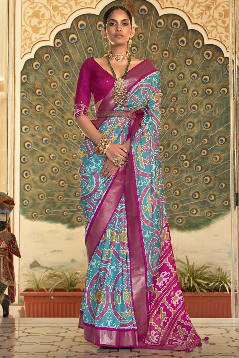 Sky Blue &amp; Pink Patola Saree With  Weaving Work