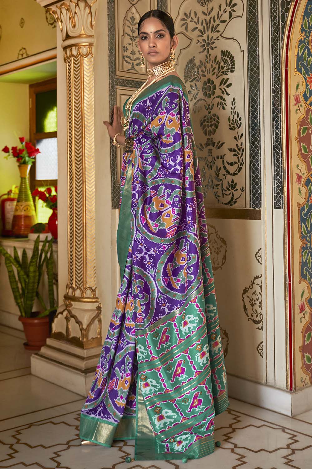 Purple &amp; Teal Green Patola Saree With  Weaving Work