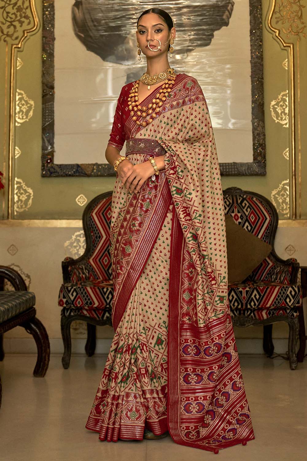 Cream And Red Colour Patola Silk Saree With Weaving Work