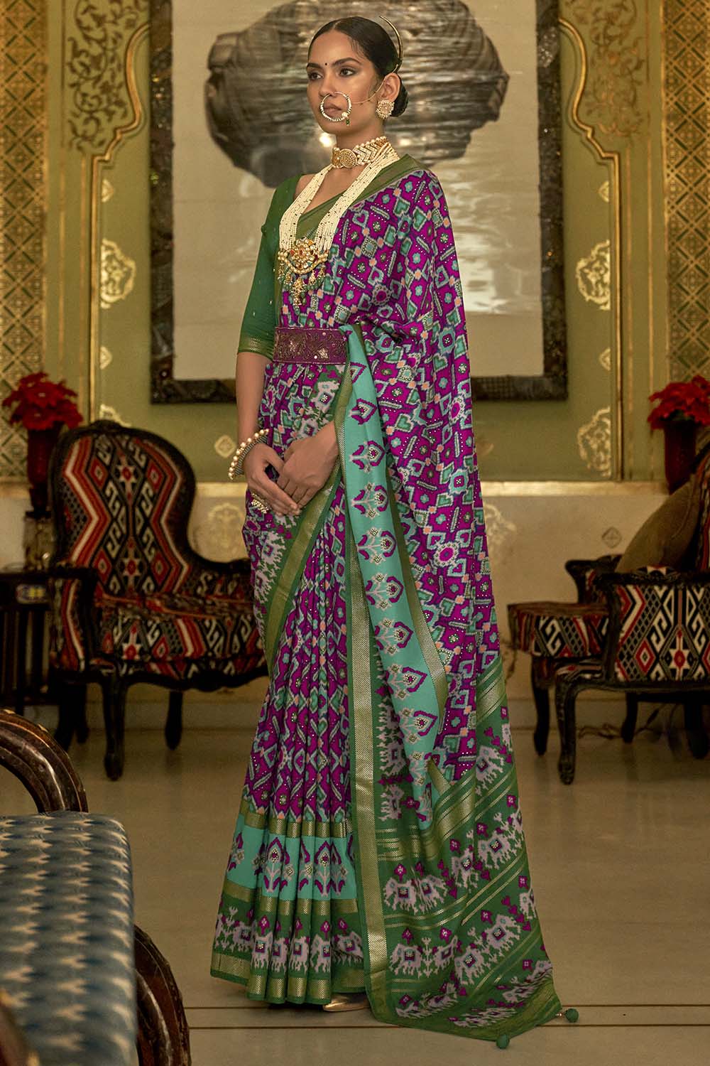 Green And Purple Colour Patola Silk Saree With Weaving Work