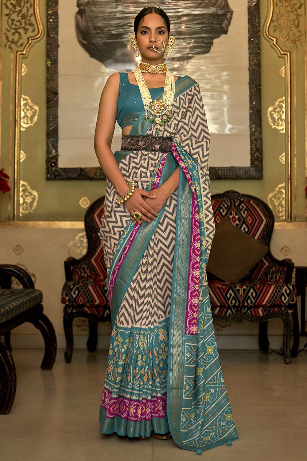 Off White &amp; Turquoise Colour Patola Silk Saree With Weaving Work