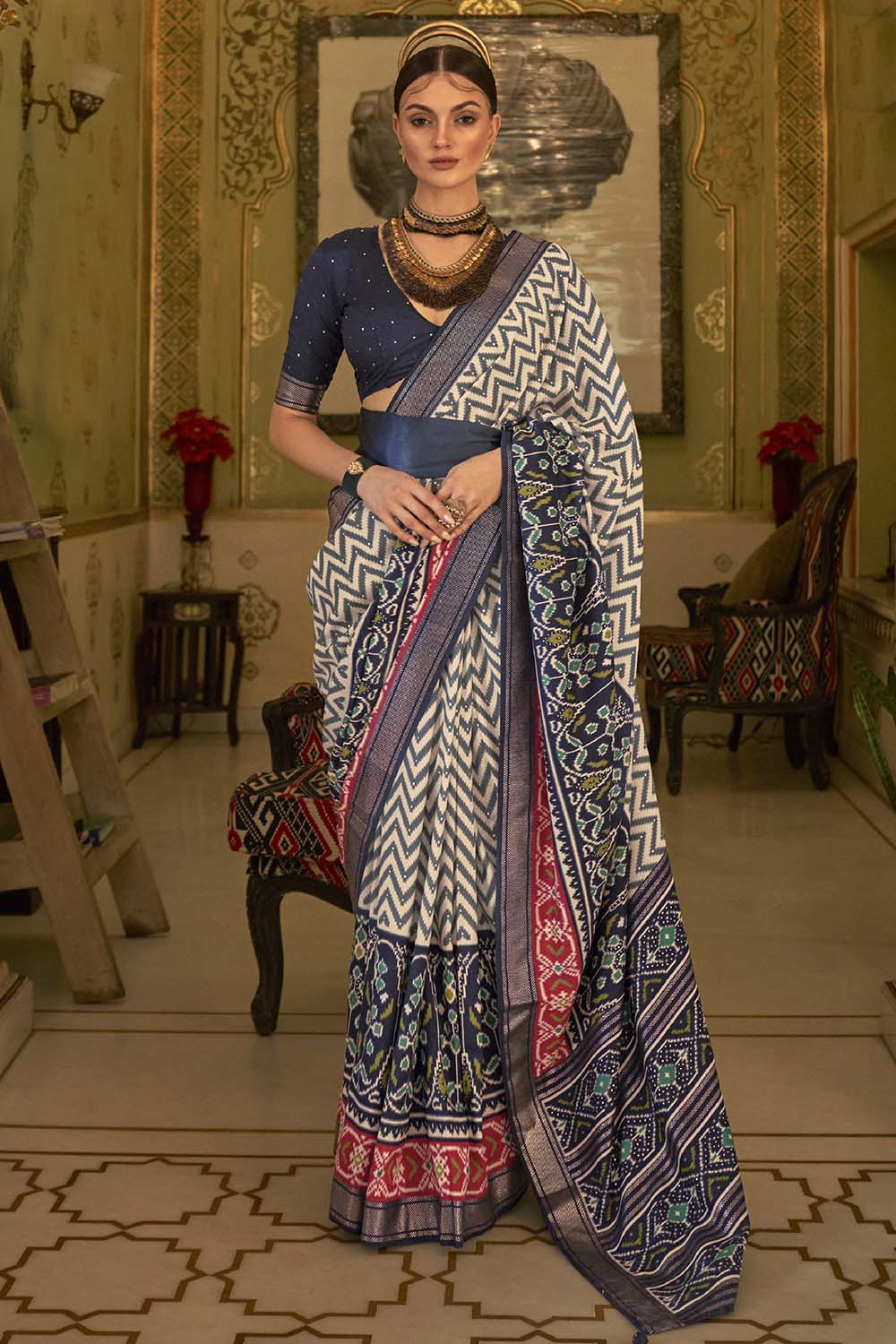 Blue &amp; Off White Patola Silk Saree With Weaving Work