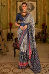 Blue & Off White Patola Silk Saree With Weaving Work