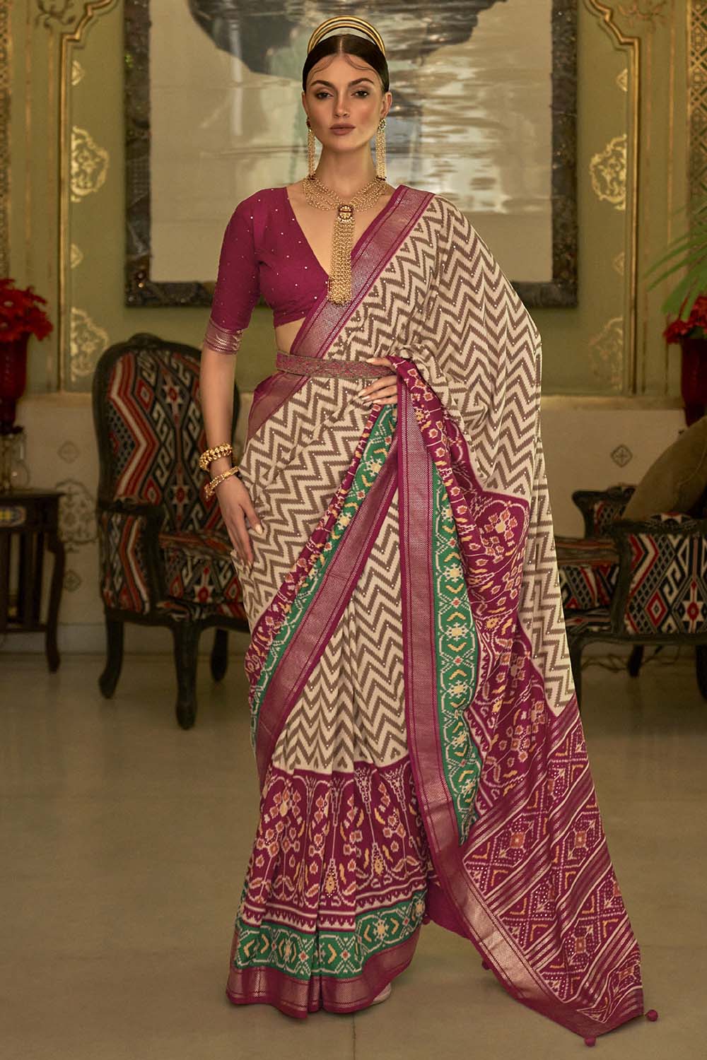 Ruby Red &amp; Off Cream Patola Silk Saree With Weaving Work