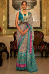 Off White & Turquoise Patola Silk Saree With Weaving Work