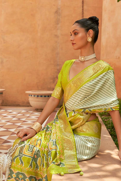 Lime Green Patola Silk Saree With Sparkal Work