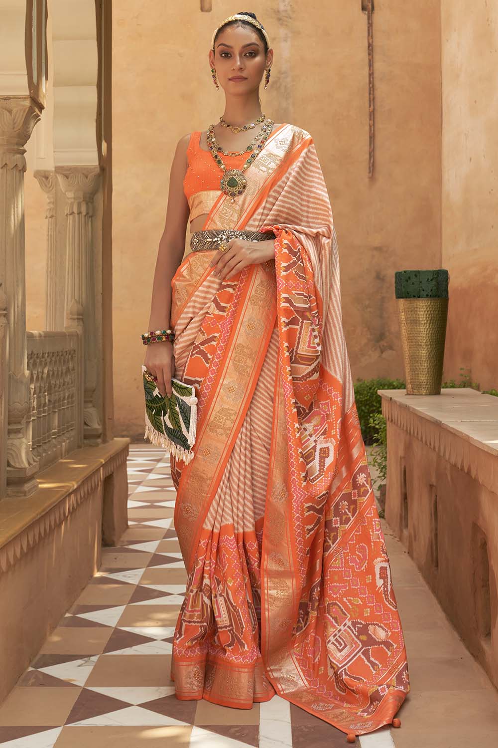 Orange Patola Silk Saree With Sparkal Work