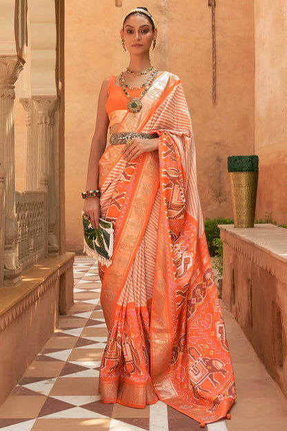 Orange Patola Silk Saree With Sparkal Work