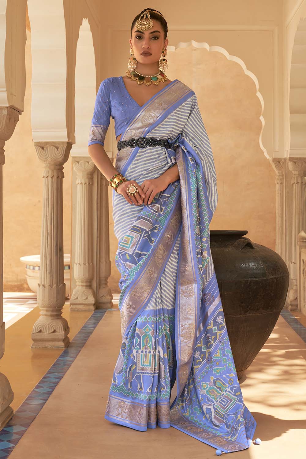 Tufts Blue Patola Silk Saree With Printed &amp; Sparkal Work