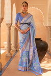 Tufts Blue Patola Silk Saree With Printed & Sparkal Work
